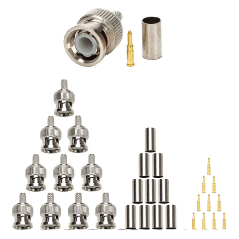 BNC Coax Connector Crimp Kit With RG58 RG59 10 Pack Includes connectors, ferrules, and pins arranged on white background.