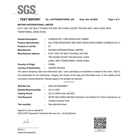 Test report for Flame Resistance of Textiles by SGS, showing certification details for Matska International Limited.