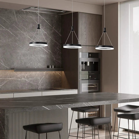 Dimmable LED Pendant Light For Kitchen Island And Dining Room With 59 Inch Adjustable Cord 15W Black One Ring Chandelier in modern kitchen