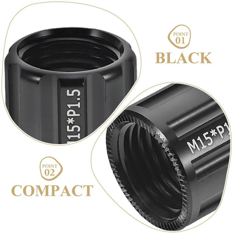 Close-up of black aluminum alloy bicycle axle cap with durable finish, labeled M15*P1.5, for front and rear wheel hubs on electric bikes.