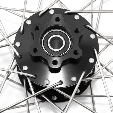 16 Inch Rear Spoke Wheel Hub Rim For Sur Ron Light Bee X Light Bee S Segway X160 X260 79 Bike Falcon M E Ride Pro SS Off Road Dirt Bike Anodized Rim 7116 T7 Alloy Black Hub Built To Tear Up Rough Trails close-up of black anodized hub and stainless steel spokes.