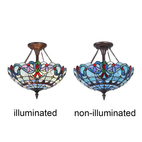 Tiffany Style Stained Glass Ceiling Light Fixture 16 Inch Shade Light Blue Victorian Ceiling Lamp, illuminated and non-illuminated view