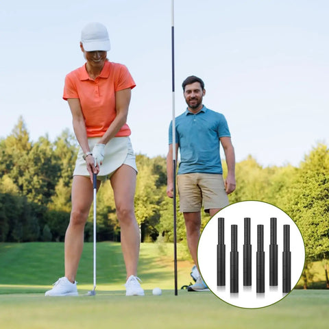 Person golfing with inset showing Six Pack Golf Club Shaft Extender Rods For Steel And Graphite Shafts Black Carbon Fiber Extension Sticks.