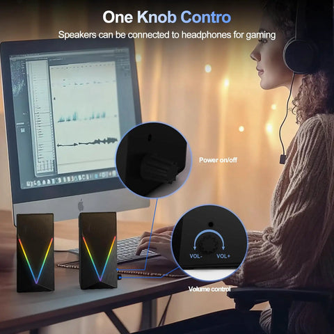 Desktop Computer Speakers With 6 Colorful RGB Lights USB Powered HiFi Stereo 2 Channel Enhanced Bass And Volume Control 3 5mm Aux Headphone Jack For Laptop Monitor PC Tablet And Phone displayed on desk with glowing lights and controls.