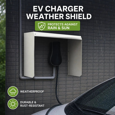 Kickass Wall Mount Weatherproof EV Charger Cover with sun shade protects against rain, mounted on a textured wall.