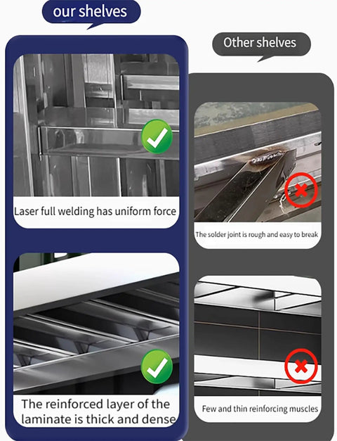 Comparison of Heavy Duty Garage Shelving Unit, 78 Inch Adjustable 4 Tier Stainless Steel Storage Rack with weld quality and reinforcement details.