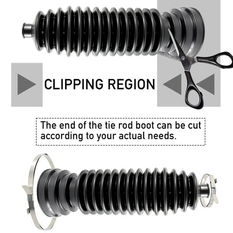 2 Pack Tie Rod Boot Kit For Rack And Pinion With Thickened Neoprene, Includes 4 Stainless Steel Clamps And 6 Cable Ties, showing cuttable end