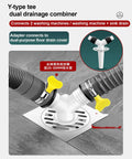 Y-type drain hose fitting tee with two clamps connects washing machines and sink drain for efficient wastewater disposal.