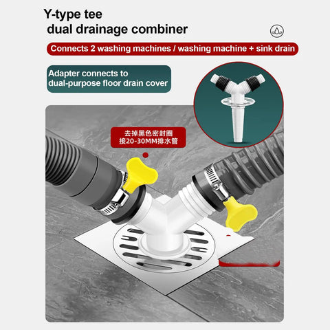 Y-type drain hose fitting tee with two clamps connects washing machines and sink drain for efficient wastewater disposal.