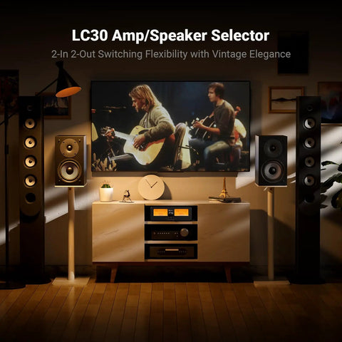 LC30 VU Meter Amplifier And 2 In 2 Out Speaker Switcher With Remote for home theater, shown in a living room audio setup