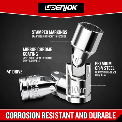 1/4 Inch Drive 10mm Universal Joint Socket 12 Point Mirror Finish Cr-V Steel Built Beefy For Maximum Strength And Durability, Perfect For Pro Jobs And DIY Projects, angled view