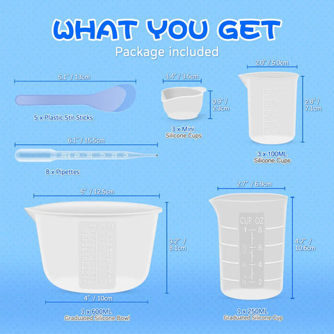 Dope Silicone Resin Mixing Cups Set 600ml 250ml 100ml Thickened Reusable Epoxy Cups With Stir Sticks And Pipettes For Jewelry Making And Resin Art Projects, package contents