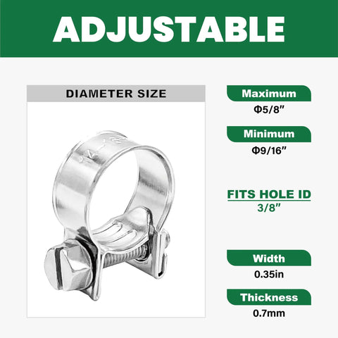 Three Eighths Inch Fuel Injection Hose Clamps Pack of 20, Adjustable Gas Line Hose Clips for Auto, Farm, and Plumbing, Fits Nine Sixteenths to Five Eighths Inch Diameter