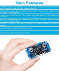 Hand holding LM2577 DC-DC Boost Module With Digital Display Voltmeter, Adjustable Output 4-35V, 2.5A Boost Converter