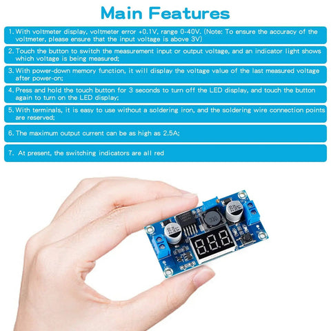 Hand holding LM2577 DC-DC Boost Module With Digital Display Voltmeter, Adjustable Output 4-35V, 2.5A Boost Converter