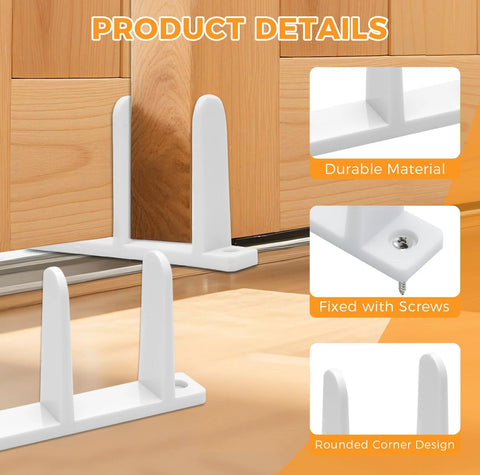 Four Pack Closet Door Floor Guides For Floor Sliding Doors Fits One And Three Eighths Inch Thick White With Eight Screws Durable ABS Material Waterproof And Wear Resistant Ideal For Cloakrooms Bathrooms And Kitchens close-up showing installation features.