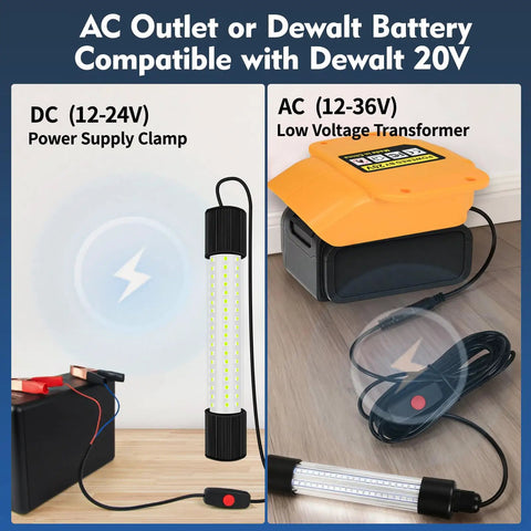 IP68 Underwater Fishing Light For Night Fishing Compatible With 20V Battery And 12-24V DC Power setup with power options