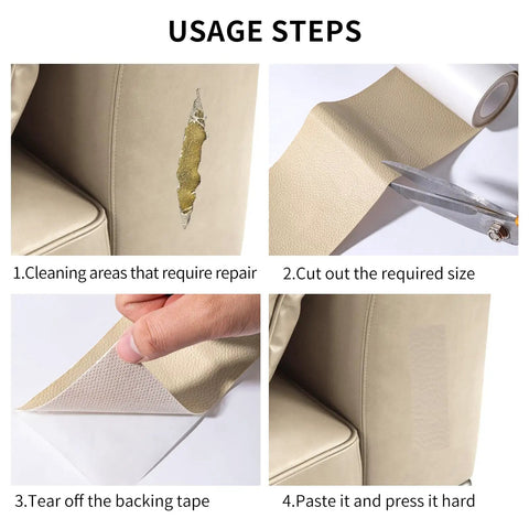 Usage steps for Beige Leather Repair Patch Tape Self Adhesive Kit For Furniture And Cars DIY Friendly Vinyl Leather Repairs