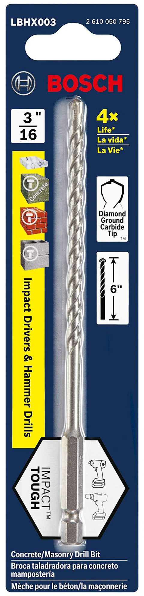 Front packaging view of Bosch 3/16 in x 6 in hex shank masonry drill bit