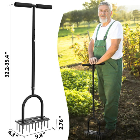 Heavy Duty Manual Lawn Aerator With 15 Iron Spikes Height Adjustable Spike Aerator Tool for a Greener Healthier Lawn