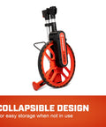 12 Inch SAE Measuring Wheel With Handle Mounted Counter And Reset, Gear Drive For Precise Distance Readouts, Pistol Grip Handle For Comfort, Centerline Balanced Design Reduces Fatigue, Folds For Easy Transport, folded orange measuring wheel