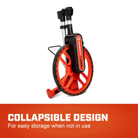 12 Inch SAE Measuring Wheel With Handle Mounted Counter And Reset, Gear Drive For Precise Distance Readouts, Pistol Grip Handle For Comfort, Centerline Balanced Design Reduces Fatigue, Folds For Easy Transport, folded orange measuring wheel