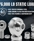 1 Inch Bore Heat Treated Chromoly Steel Heim Joint Rod End Kit With Right Hand Thread Jam Nuts And Tube Adapters For Heavy Duty Suspension Builds Built Like A Tank For Street Racing And Daily Cruising. Close-up of stainless heim joint with thread and adapters.