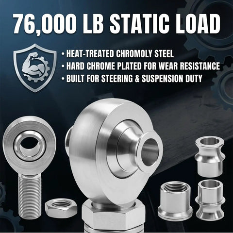 Heavy Duty One Inch Chromoly Heim Joint Rod End Kit With Right And Left Hand Threads Plus Tube Adapter Two Pack for 76,000 lb static load use.