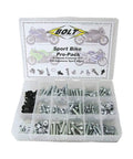 Open box of All In One Pro Pack Kit For Sport Bikes With 250 Plus Premium Factory Style Hardware Including Socket Head Bolts
