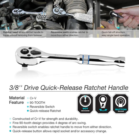 Three Eighths Inch Drive Ratchet With Ninety Tooth Quick Release Reversible Chrome Alloy Finish Handy Pro Grade Build