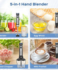 Powerful 1000W Immersion Blender 5 In 1 Handheld Electric Mixer with 21 Speeds, includes beaker, food chopper, milk frother, egg whisk.