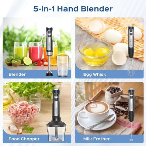 Powerful 1000W Immersion Blender 5 In 1 Handheld Electric Mixer with 21 Speeds, includes beaker, food chopper, milk frother, egg whisk.
