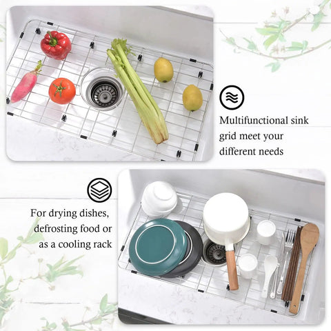 Stainless Steel Kitchen Sink Grid And Protector For Center Drain Bottom Rack 24 1/8 By 12 5/8 Inches with vegetables and dishes
