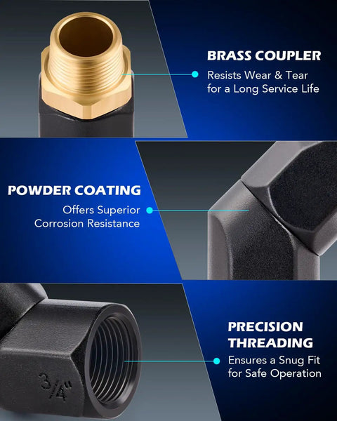 360 Degree Fuel Hose Swivel Kit With Three Quarter Inch NPT Threads For Easy Angling Safer And Faster Fueling No Fuss Multi Plane Rotation Leak Resistant Nozzle Connection Compatible With Most Three Quarter Inch Fuel Hoses And Nozzles. Brass coupler, black powder-coated 3/4 NPT fuel hose swivel