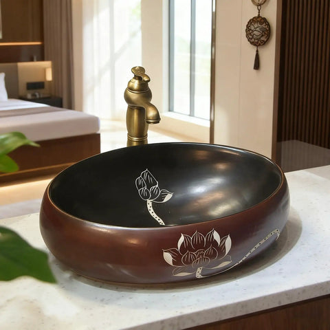 Oval Ceramic Vessel Sink for Bathroom Vanity, Retro Art Countertop Sink Bowl with Faucet, Small and Elegant Vanity Sinks for Home or Balcony (Small)