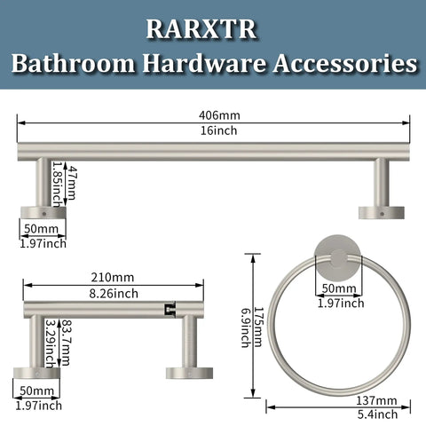 Diagram of 3 Piece Bathroom Hardware Set With Brushed Finish Toilet Paper Holder Hand Towel Ring And 16 Inch Towel Bar And SUS304 Stainless Steel Wall Mount Built To Last Rustproof For Humid Bathrooms.