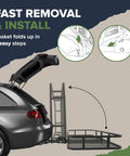 Diagram showing Folding Hitch Cargo Basket Rack 60 Inch 23 Inch 5.5 Inch Beefy 500 Lb Capacity attached to an SUV, folding instructions