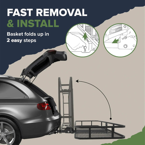 Diagram showing Folding Hitch Cargo Basket Rack 60 Inch 23 Inch 5.5 Inch Beefy 500 Lb Capacity attached to an SUV, folding instructions