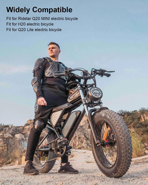 Man standing with Ridstar Q20 MINI electric bike on rocky terrain, showcasing compatibility with H20 and Q20 Lite models.