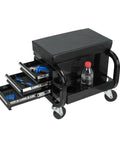 Heavy Duty Rolling Tool Box With Three Built In Drawers Paired With Comfy Mechanic Stool Rock Solid Steel Frame showing tool storage.