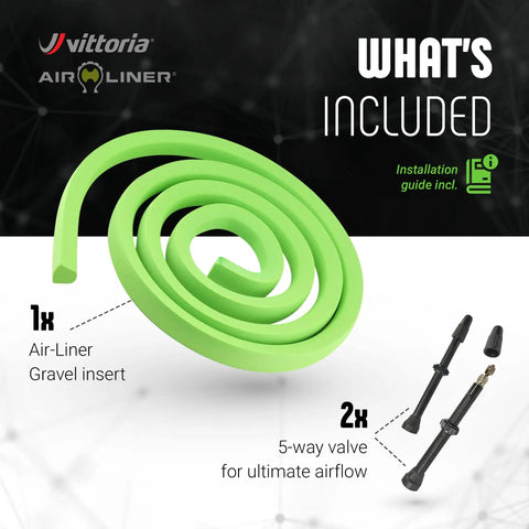 Air-Liner Gravel Insert For Tubeless-Ready Bike Tires displayed with two 5-way valves for ultimate airflow, installation guide included