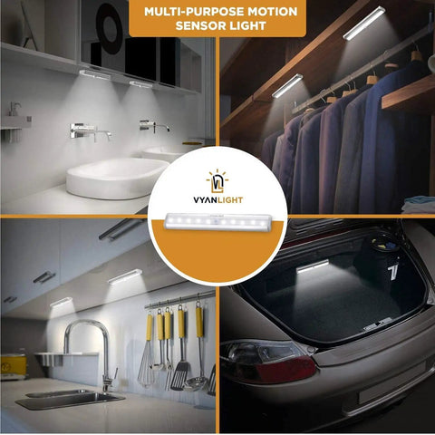 Motion Activated Cordless Under Cabinet Lighting Kit Battery Powered LED Strip Light Bar Stick On Wireless Indoor Lights For Kitchen Pantry Hallway Stairs Easy Install 4 Pack installed in kitchen, closet, bathroom, and car trunk