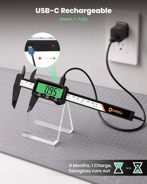 Rechargeable Digital Caliper With USB Charging, 6 Inch Plastic Calipers, Green Screen Display, Go Cordless Fast, No Battery Hassle, Quick 2 Minute Charge Powers A Full 20 Minute Measurement For Months. USB-C charging digital caliper on stand with green display