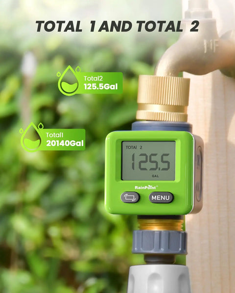 Water Flow Meter With Brass Body For Outdoor Garden Hose And Lawn Sprinkler, RV Tank Fill, LCD display showing total flow