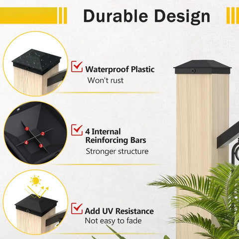 Black 3.5 By 3.5 Inch Post Caps For Wood Fence And Deck Posts 12 Pack With 24 Screws Easy Install Waterproof Plastic Caps With Frosted Finish shown on a wooden post highlighting durable design.
