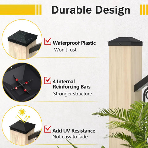 Top Shelf Black Metal 4X4 Post Caps For Deck Railings And Wooden Fences Snug Fit On 3.5 Inch Posts Comes With Complete Screw Kit Helps You Level Up Your Outdoor Setup Dead Easy, showcasing waterproof design and internal bars.