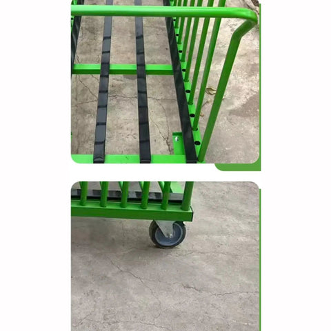 Heavy Duty Material Handling Cart And Industrial Storage Trolley For Sheet Metal No Nonsense Warehouse Rolling Rack view of sturdy green steel frame and swivel casters.