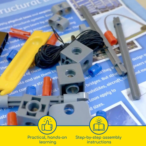 Structural Engineering Kit For Bridges And Skyscrapers: Build Twenty Cool Models With Over Two Hundred Eighty Five Pieces, Learn Force Load Compression And Tension, Includes Illustrated Manual Blue Edition, Parents' Choice Gold Award Winner, with gray blocks and yellow tool on guide