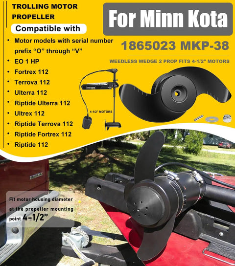 Weedless Wedge 2 Prop With Eliminator Nut For Minn Kota 112 Lb Thrust Trolling Motors 4 1 2 Inch Diam Fits Ulterra Fortrex Terrova Riptide Ultrex 112 Models 1865023