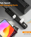 10 Foot Surge Protector Power Strip With 5 Widely Spaced Outlets And 3 USB Ports Heavy Duty Extension Cord For Home Office Computer And Electronics 1875W 15A Let You Charge Up To 8 Gadgets At Once, black, with laptop and tablet